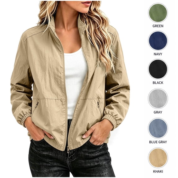 XRoczxe Women's Lightweight Bomber Jacket, Zip Up Windbreaker Coat with Zipper Pockets, Casual Stand Collar Spring Fall Outerwear for Travel & Daily Wear