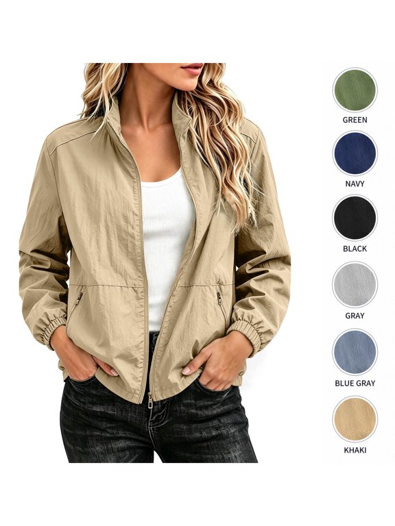 Women's Lightweight Bomber Jacket, Zip Up Windbreaker Coat with Zipper Pockets, Casual Stand Collar Spring Fall Outerwear for Travel & Daily Wear