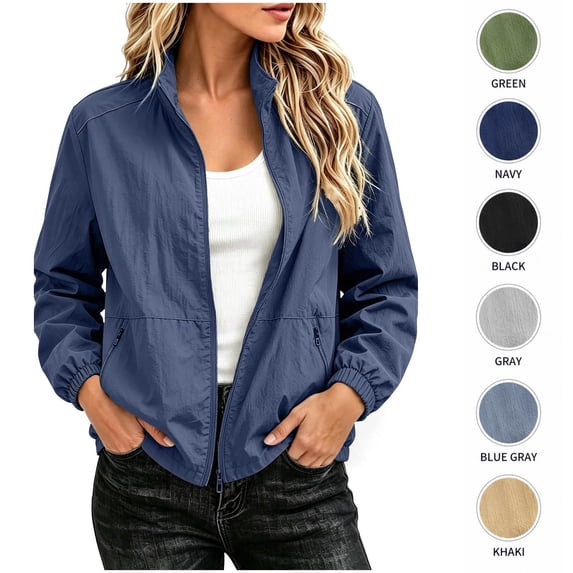 XRoczxe Women's Lightweight Bomber Jacket, Zip Up Windbreaker Coat with Zipper Pockets, Casual Stand Collar Spring Fall Outerwear for Travel & Daily Wear