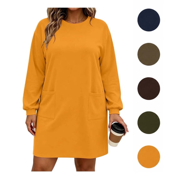 XRoczxe Women's Long Sleeve Sweatshirt Dress with Pockets, Casual Loose Fit Mini Tunic Top, Soft Cotton Blend Pullover for Fall Winter Layering