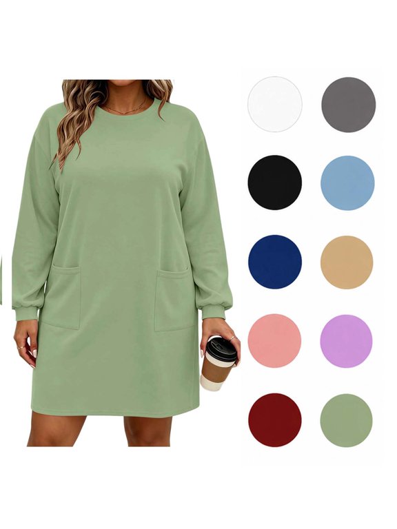 Women's Long Sleeve Sweatshirt Dress with Pockets, Casual Loose Fit Mini Tunic Top, Soft Cotton Blend Pullover for Fall Winter Layering