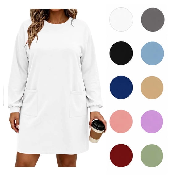 XRoczxe Women's Long Sleeve Sweatshirt Dress with Pockets, Casual Loose Fit Mini Tunic Top, Soft Cotton Blend Pullover for Fall Winter Layering