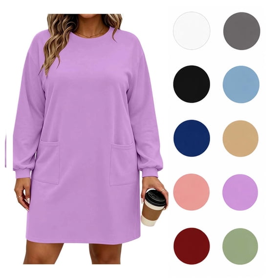 XRoczxe Women's Long Sleeve Sweatshirt Dress with Pockets, Casual Loose Fit Mini Tunic Top, Soft Cotton Blend Pullover for Fall Winter Layering