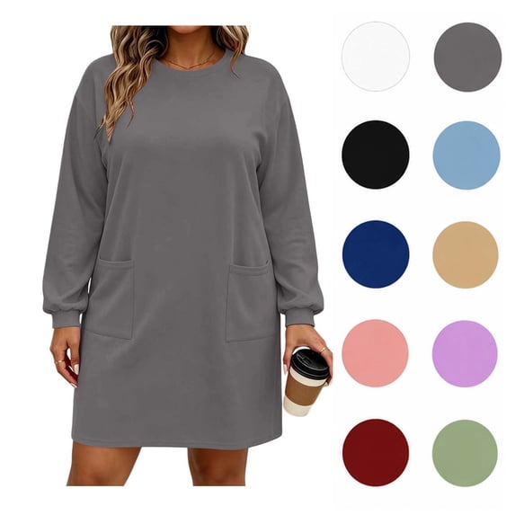 XRoczxe Women's Long Sleeve Sweatshirt Dress with Pockets, Casual Loose Fit Mini Tunic Top, Soft Cotton Blend Pullover for Fall Winter Layering