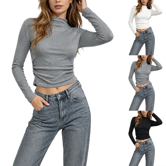 XRoczxe Women's Mock Neck Long Sleeve Crop Top, Slim Fit Ribbed Knit T-Shirt, Casual Solid Color Basic Tee for Fall Winter Daily Wear Layering