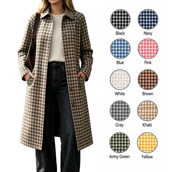 XRoczxe Women's Plaid Long Trench Coat, Classic Lapel Button Down Checkered Jacket, Casual Fall Winter Outerwear with Pockets for Daily Work Wear S-XXL