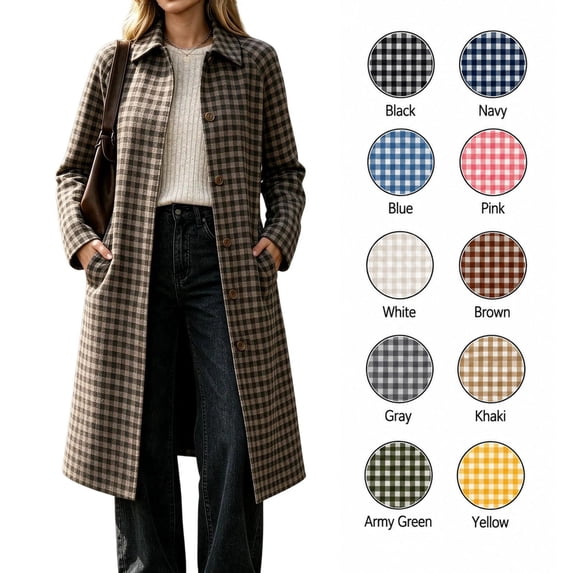 XRoczxe Women's Plaid Long Trench Coat, Classic Lapel Button Down Checkered Jacket, Casual Fall Winter Outerwear with Pockets for Daily Work Wear S-XXL