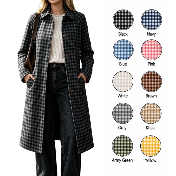 XRoczxe Women's Plaid Long Trench Coat, Classic Lapel Button Down Checkered Jacket, Casual Fall Winter Outerwear with Pockets for Daily Work Wear S-XXL