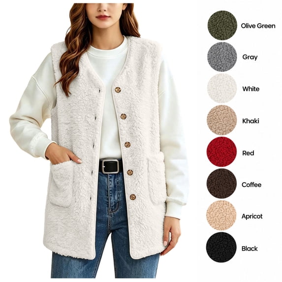 XRoczxe Women's Sherpa Fleece Vest, Button Down Sleeveless Warm Coat with Pockets, Casual Soft Fuzzy Outerwear for Fall Winter Layering & Daily Wear