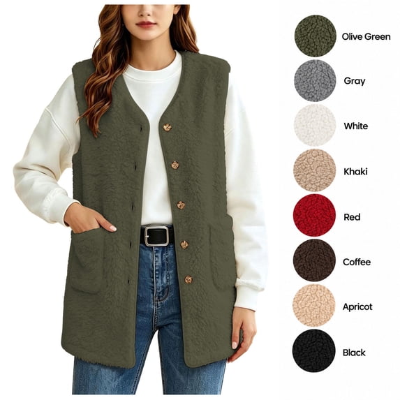 XRoczxe Women's Sherpa Fleece Vest, Button Down Sleeveless Warm Coat with Pockets, Casual Soft Fuzzy Outerwear for Fall Winter Layering & Daily Wear