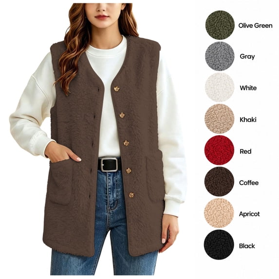XRoczxe Women's Sherpa Fleece Vest, Button Down Sleeveless Warm Coat with Pockets, Casual Soft Fuzzy Outerwear for Fall Winter Layering & Daily Wear