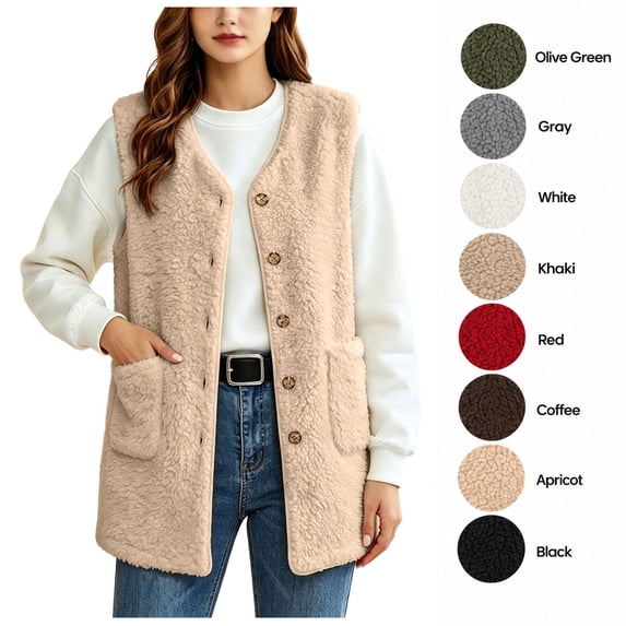 XRoczxe Women's Sherpa Fleece Vest, Button Down Sleeveless Warm Coat with Pockets, Casual Soft Fuzzy Outerwear for Fall Winter Layering & Daily Wear