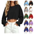 thumbnail image 1 of XRoczxe Women's Solid Color Crew Neck Casual Crop Top with Ruched Cuffs and Ruffled Tulip Sleeves, 1 of 5