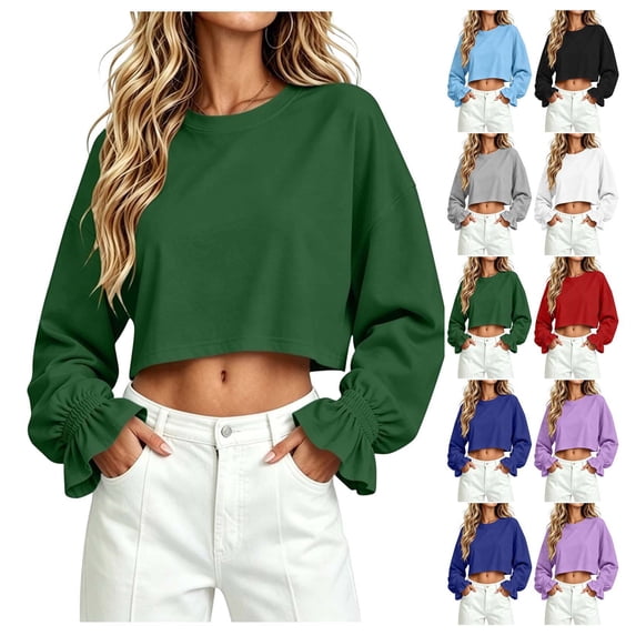 XRoczxe Women's Solid Color Crew Neck Casual Crop Top with Ruched Cuffs and Ruffled Tulip Sleeves