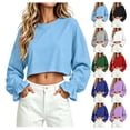 thumbnail image 1 of XRoczxe Women's Solid Color Crew Neck Casual Crop Top with Ruched Cuffs and Ruffled Tulip Sleeves, 1 of 3