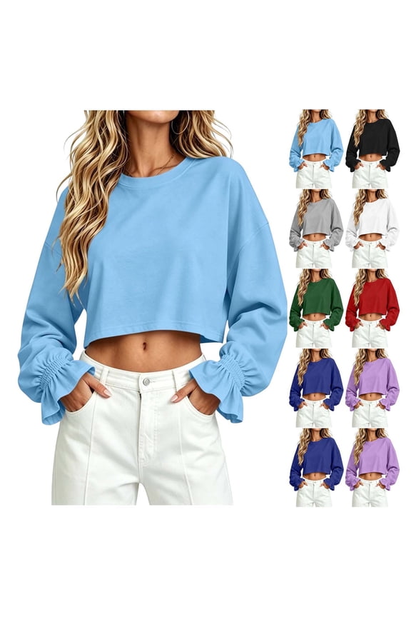 Women's Solid Color Crew Neck Casual Crop Top with Ruched Cuffs and Ruffled Tulip Sleeves