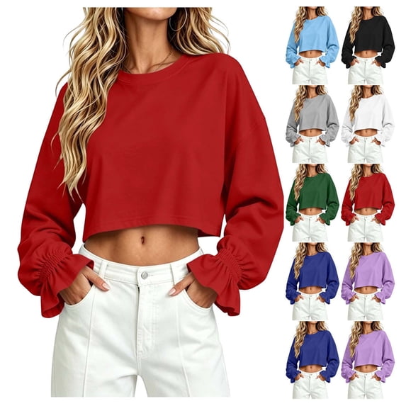 XRoczxe Women's Solid Color Crew Neck Casual Crop Top with Ruched Cuffs and Ruffled Tulip Sleeves