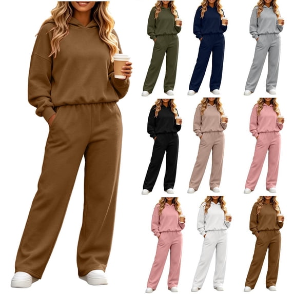XRoczxe Women's Solid-Color High-Waisted Slim-Fit Casual Pants & Long-Sleeve Sweatshirt Set | Casual Sporty Style, Available in Multiple Colors Brown