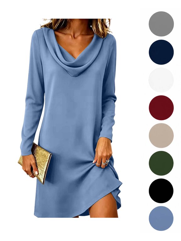 Women’s Solid Cowl Neck Long Sleeve Shift Dress, Casual Loose‑Fit Short Tunic Dress for Daily Wear