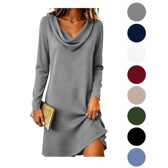 XRoczxe Women’s Solid Cowl Neck Long Sleeve Shift Dress, Casual Loose‑Fit Short Tunic Dress for Daily Wear