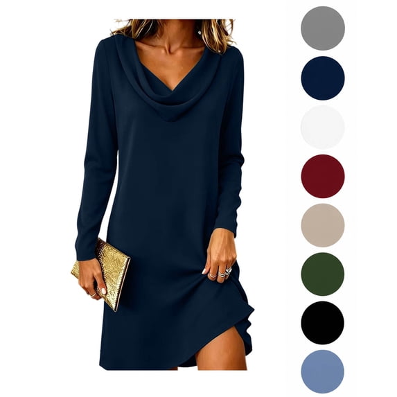 XRoczxe Women’s Solid Cowl Neck Long Sleeve Shift Dress, Casual Loose‑Fit Short Tunic Dress for Daily Wear