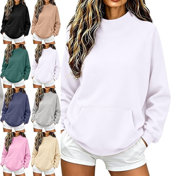 XRoczxe Women's Spring/Autumn Solid-Color Long-Sleeve Sweatshirt: Features a round mock-neck, dropped shoulders, a loose fit, a kangaroo pocket, and slightly fitted cuffs.