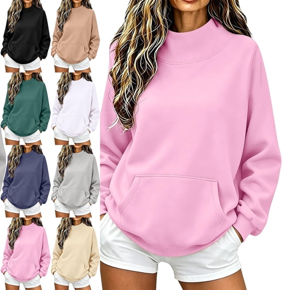 XRoczxe Women's Spring/Autumn Solid-Color Long-Sleeve Sweatshirt: Features a round mock-neck, dropped shoulders, a loose fit, a kangaroo pocket, and slightly fitted cuffs.