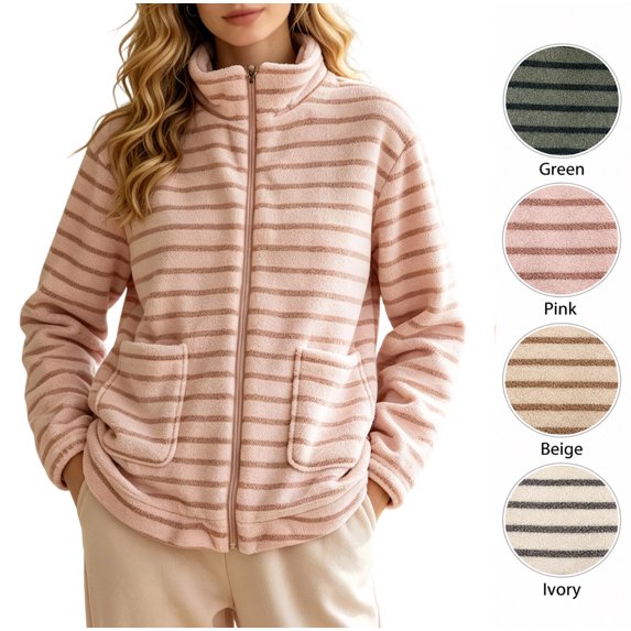 XRoczxe Women's Striped Fleece Jacket, Soft Sherpa Full Zip Pullover with Pockets, Cozy Warm Winter Coat for Casual Outdoor Fall Wear