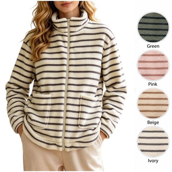 XRoczxe Women's Striped Fleece Jacket, Soft Sherpa Full Zip Pullover with Pockets, Cozy Warm Winter Coat for Casual Outdoor Fall Wear