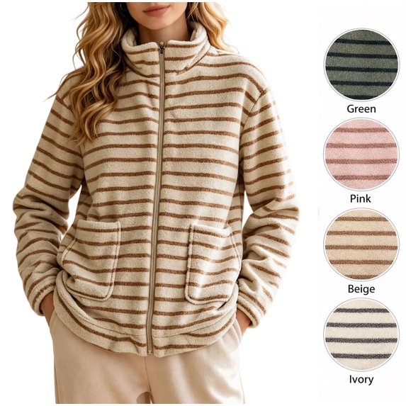 XRoczxe Women's Striped Fleece Jacket, Soft Sherpa Full Zip Pullover with Pockets, Cozy Warm Winter Coat for Casual Outdoor Fall Wear