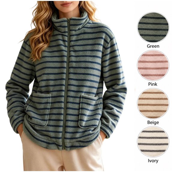 XRoczxe Women's Striped Fleece Jacket, Soft Sherpa Full Zip Pullover with Pockets, Cozy Warm Winter Coat for Casual Outdoor Fall Wear