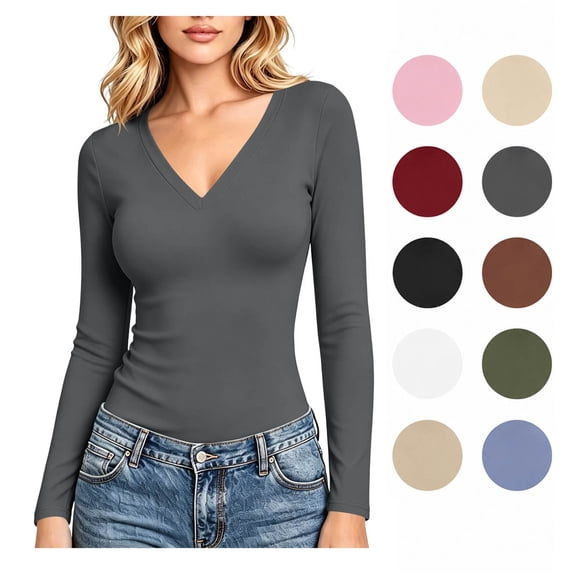 XRoczxe Women's V-Neck Long Sleeve Slim Fit Top, Soft Stretchy Basic Tee for Layering, Casual Solid Color Pullover Shirt for Fall Winter Daily Wear