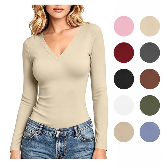 XRoczxe Women's V-Neck Long Sleeve Slim Fit Top, Soft Stretchy Basic Tee for Layering, Casual Solid Color Pullover Shirt for Fall Winter Daily Wear