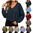 thumbnail image 1 of XRoczxe Women’s V‑Neck Long Sleeve Waffle Knit Crop Top, Casual Solid‑Color Loose Cropped Pullover Shirt, 1 of 9