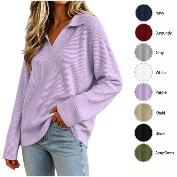 XRoczxe Women's V Neck Ribbed Knit Pullover Sweater, Long Sleeve Collared Casual Top, Soft Stretchy Tunic Shirt for Fall Winter Daily Office Wear