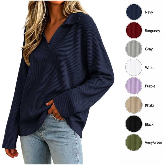 XRoczxe Women's V Neck Ribbed Knit Pullover Sweater, Long Sleeve Collared Casual Top, Soft Stretchy Tunic Shirt for Fall Winter Daily Office Wear