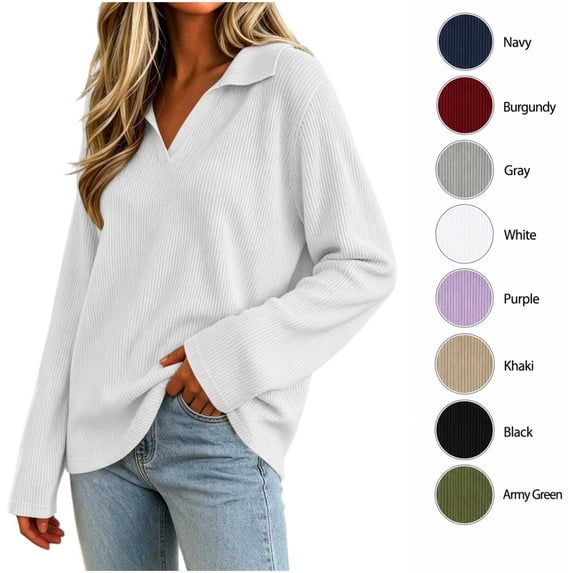 XRoczxe Women's V Neck Ribbed Knit Pullover Sweater, Long Sleeve Collared Casual Top, Soft Stretchy Tunic Shirt for Fall Winter Daily Office Wear