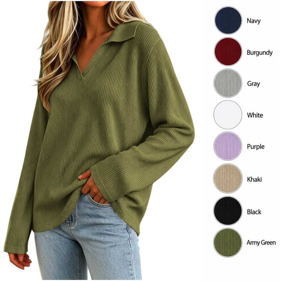 XRoczxe Women's V Neck Ribbed Knit Pullover Sweater, Long Sleeve Collared Casual Top, Soft Stretchy Tunic Shirt for Fall Winter Daily Office Wear