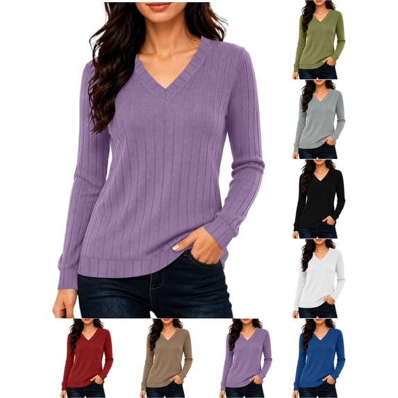 XRoczxe Women's V-neck long-sleeved ribbed knit top, casual solid color lightweight pullover | suitable for everyday commuting and all-day wear.
