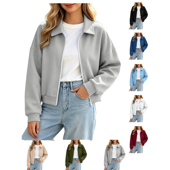 XRoczxe Women's collared zip-up short jacket, long-sleeved loose-fitting casual sweatshirt style, simple and sophisticated autumn and winter outfit | Multiple colors available