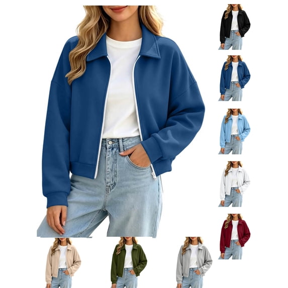 XRoczxe Women's collared zip-up short jacket, long-sleeved loose-fitting casual sweatshirt style, simple and sophisticated autumn and winter outfit | Multiple colors available