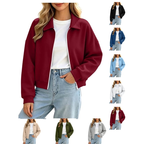 XRoczxe Women's collared zip-up short jacket, long-sleeved loose-fitting casual sweatshirt style, simple and sophisticated autumn and winter outfit | Multiple colors available