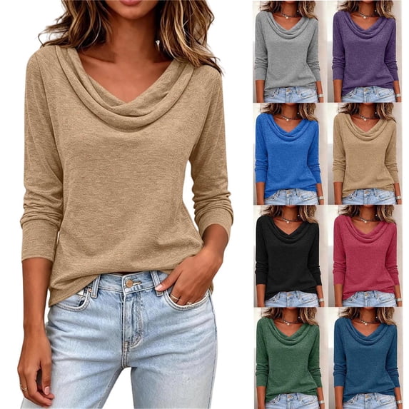 XRoczxe Womens Long Sleeve Cowl Neck Tops Casual Loose Fit Draped Tunic Tee Shirt Blouse