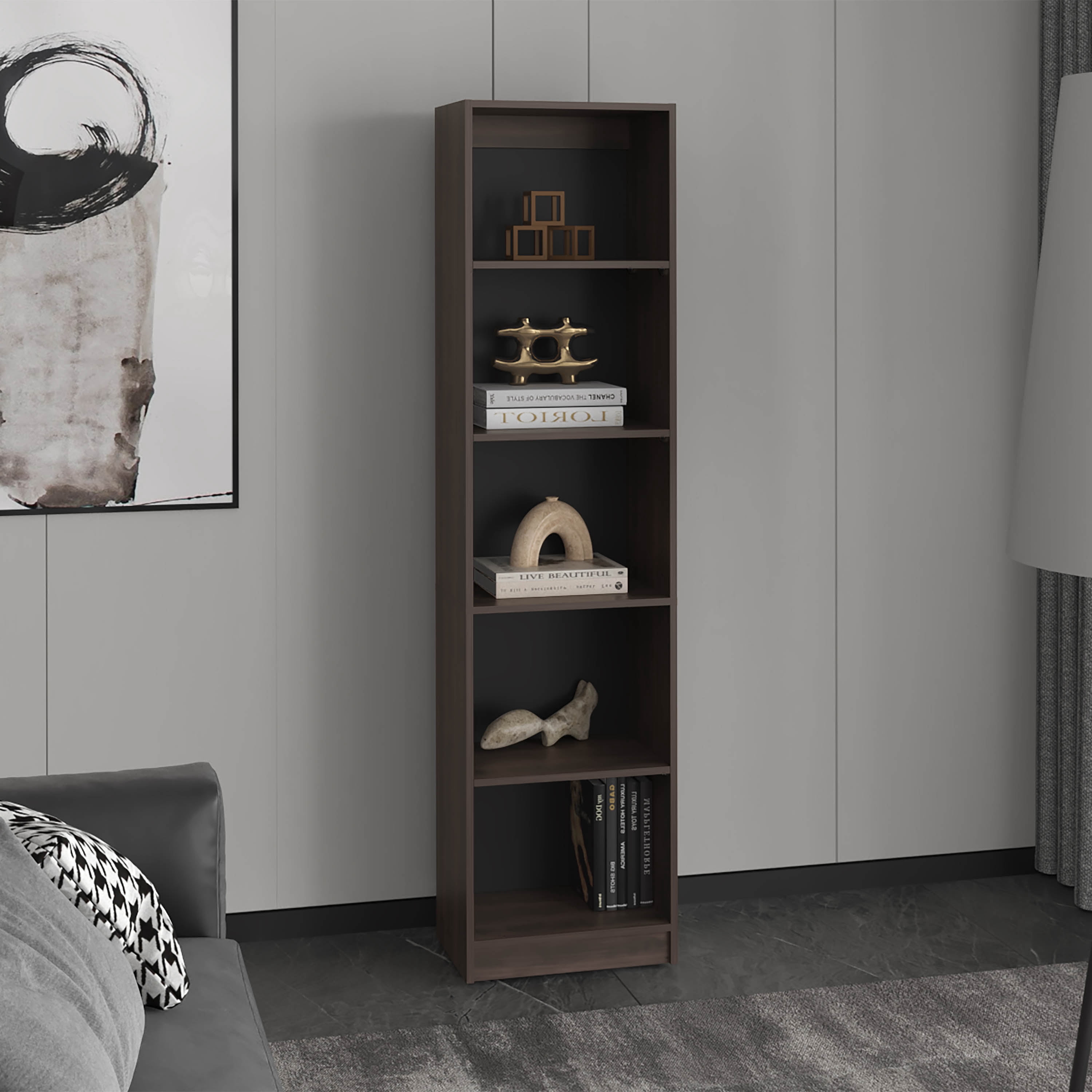 XS Bookcase Compact Bookshelf with Multiple Shelves, Dark Walnut ...