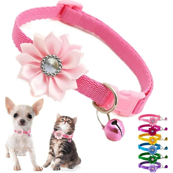XS Dog Collar with Bell and Flower, 2 Pack Puppy Collars with Bell and Floral Girl Cute for XXS XS Extra Small Female Dogs Cats Tiny Pets Little Kitten Yorkie Chihuahua