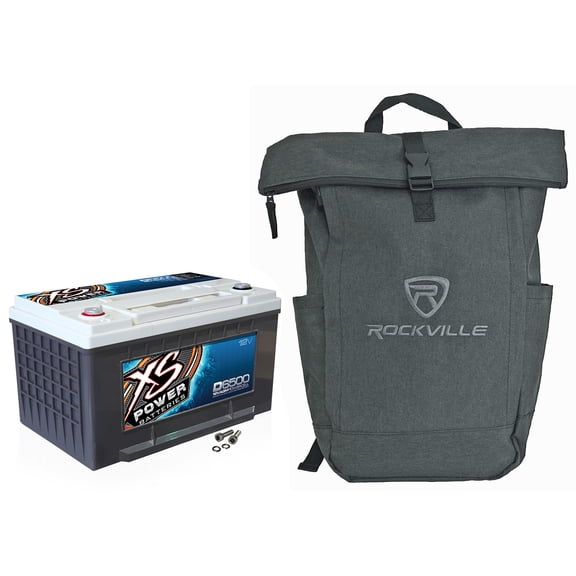 XS Power D6500 12V Group 65 AGM Car Audio Battery with Terminal Hardware and Rockville RPAK Charcoal Backpack, 2-items
