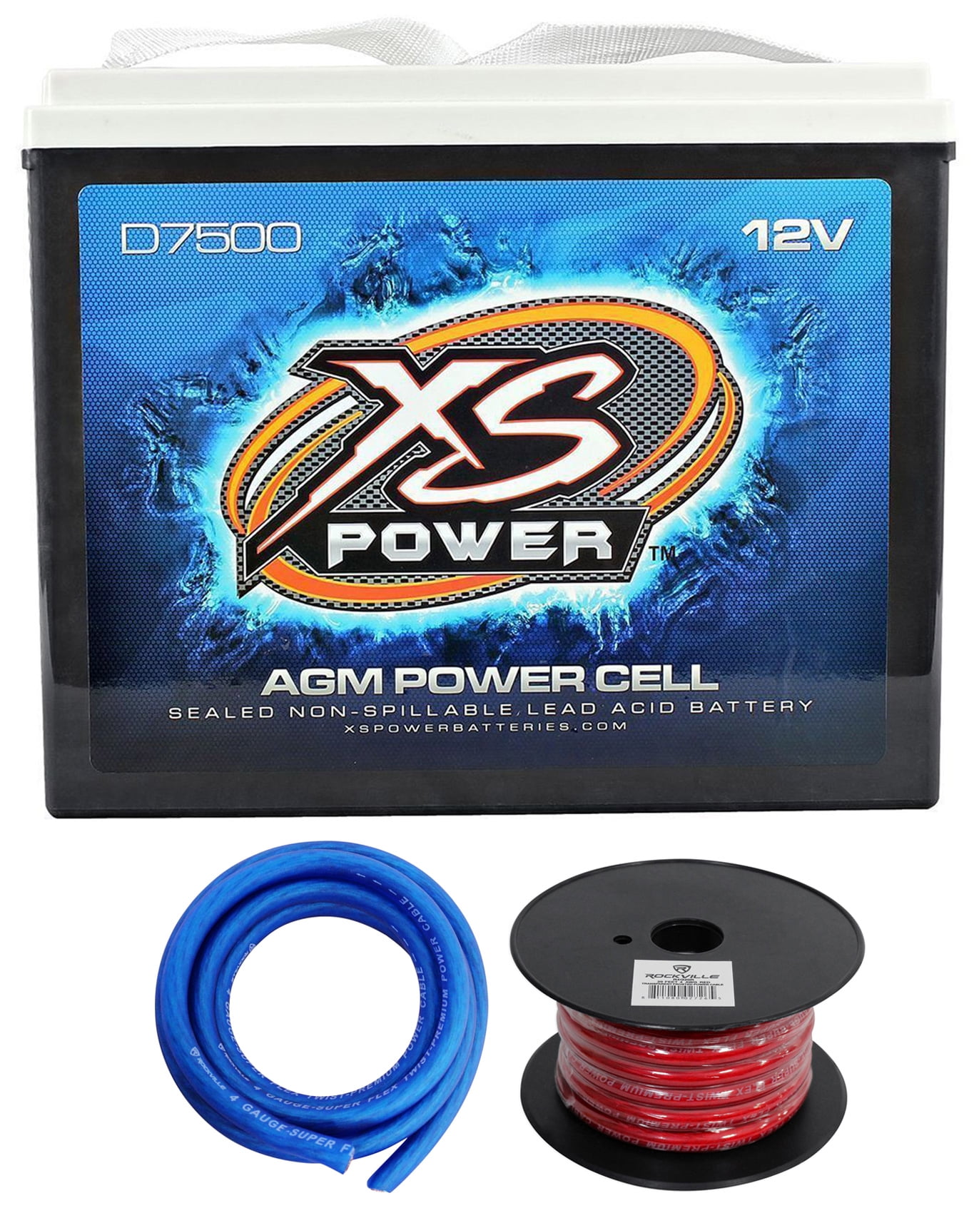 XS Power D7500 6000 Amp 12 Volt Car Audio Sealed AGM Battery+Power/Ground Wires