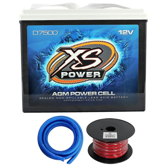 XS Power D7500 6000 Amp 12 Volt Car Audio Sealed AGM Battery+Power/Ground Wires