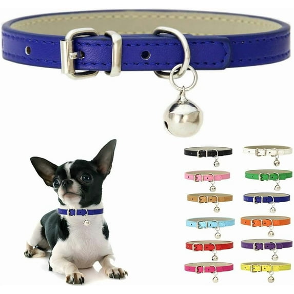 XS-Small Pet Collar with Bell - Adjustable Buckle Soft PU Leather Puppy & Kitten Collar for Tiny Dogs/Cats (Yorkie, Teacup) - Lightweight Breathable Collars for Male/Female Pets