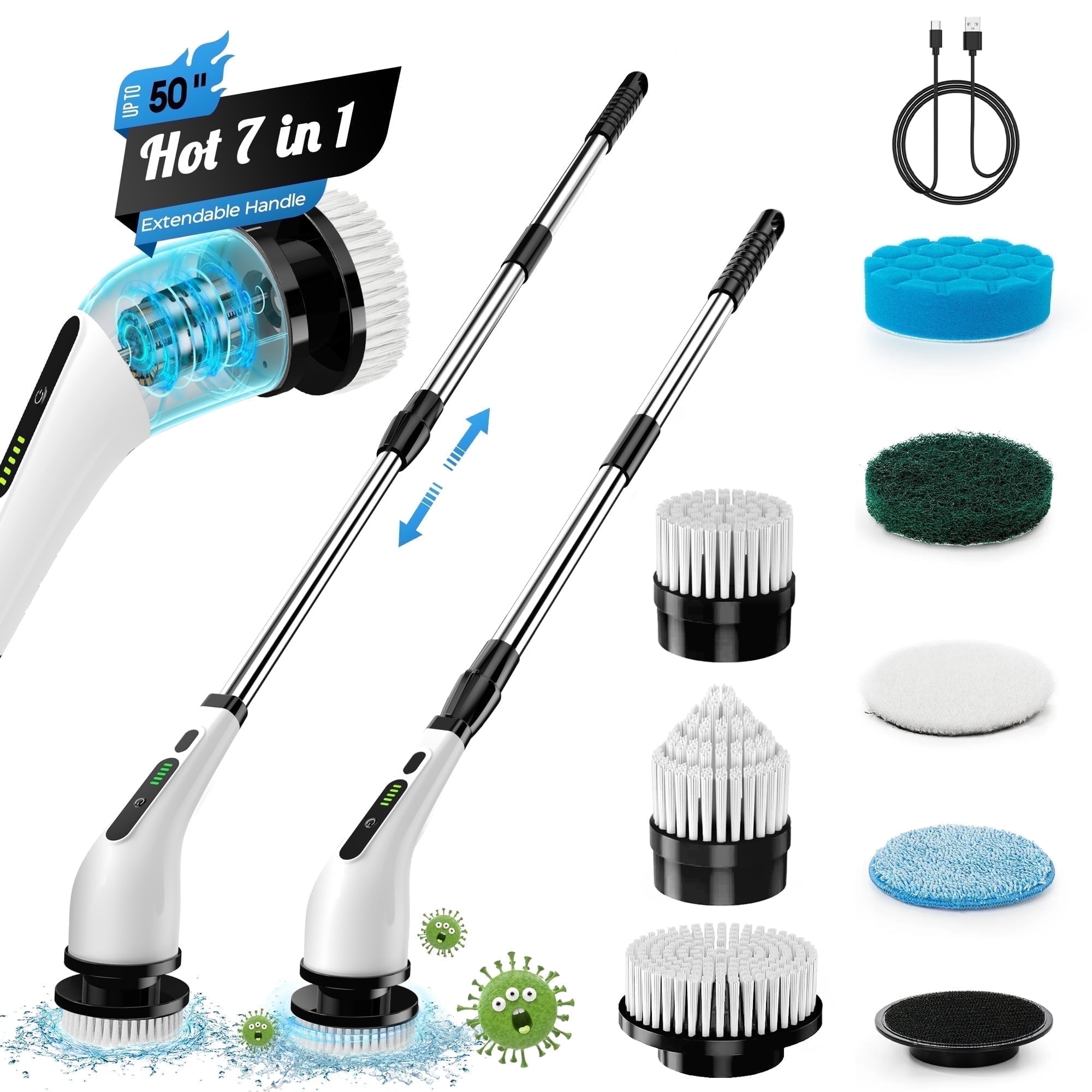 FVSA Electric Spin Scrubber, Cordless Cleaning Brush, 7 Replaceable Heads, Extendable Handle, White